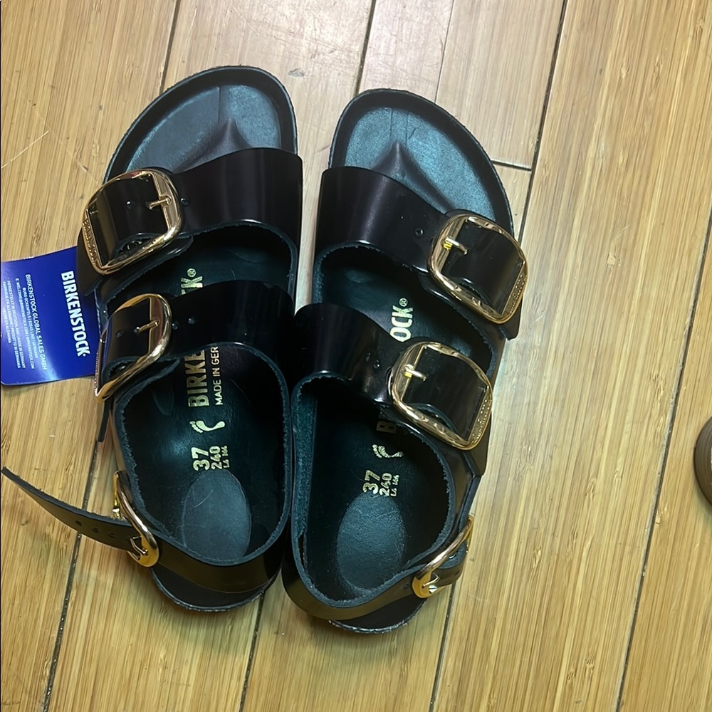Birkenstock Black Sandals with Gold Buckles